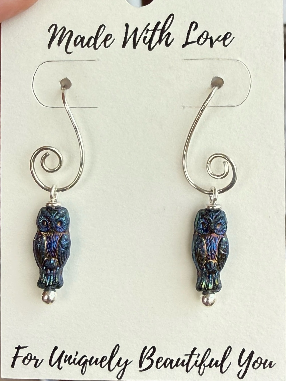 Hand Crafted Spiral Iridescent Owl Sterling Silver Earring